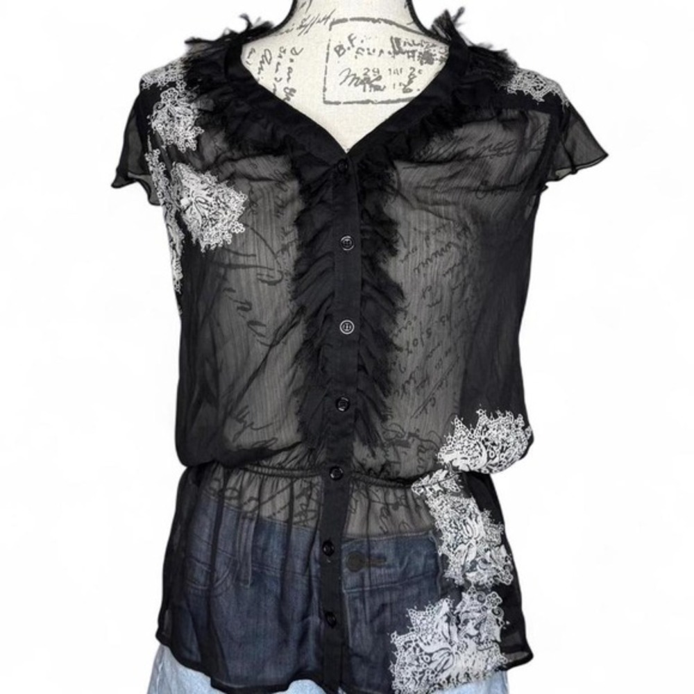 International Concepts Y2K Sheer Mesh Office Siren Blouse Black Size 4 Frayed